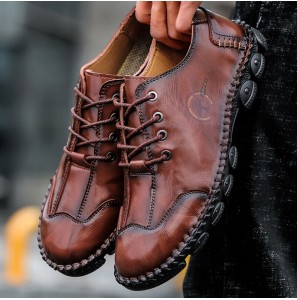 Men Microfiber Leather Hand Stitching Non Slip Soft Casual Shoes