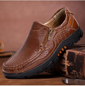 Men Cowhide Breathable Soft Sole Slip On Comfy England Style Zipper Casual Shoes