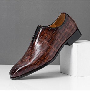 Men Leather Soft Sole Pointy Toe Crocodile Pattern Slip On Casual Dress Shoes