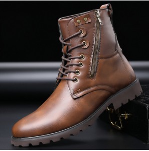 Men Leather Comfy Non Slip Soft Sole Round Toe Vintage Lace Up Casual Martin Boots