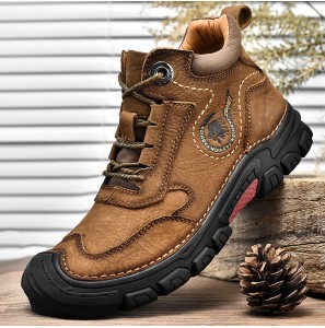 Men Cowhide Non Slip Toe-Protected Lace-up Business Casual Boots