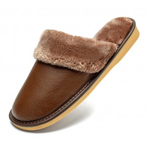 Men Genuine Leather Plush Thicken Warmeh Soft Wear Resistant Casual Home Cotton Slippers