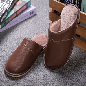 Men Winter Thick-soled Non-slip Warmth Comfy Leather Home Cotton Slippers