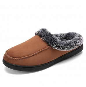 Men Lamb Wool Soft Sole Round Head Plus Velvet Thicken Winter Warm Home Cotton Slippers